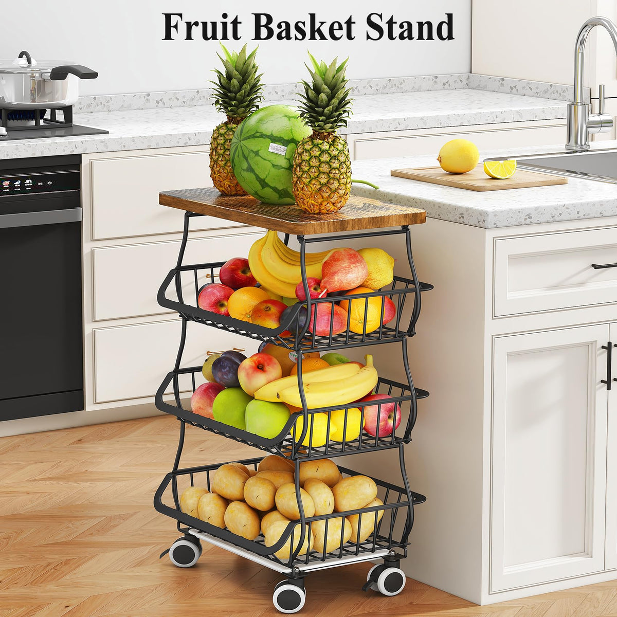 SAYZH Fruit & Vegetable Storage Basket Stand with Wood Top