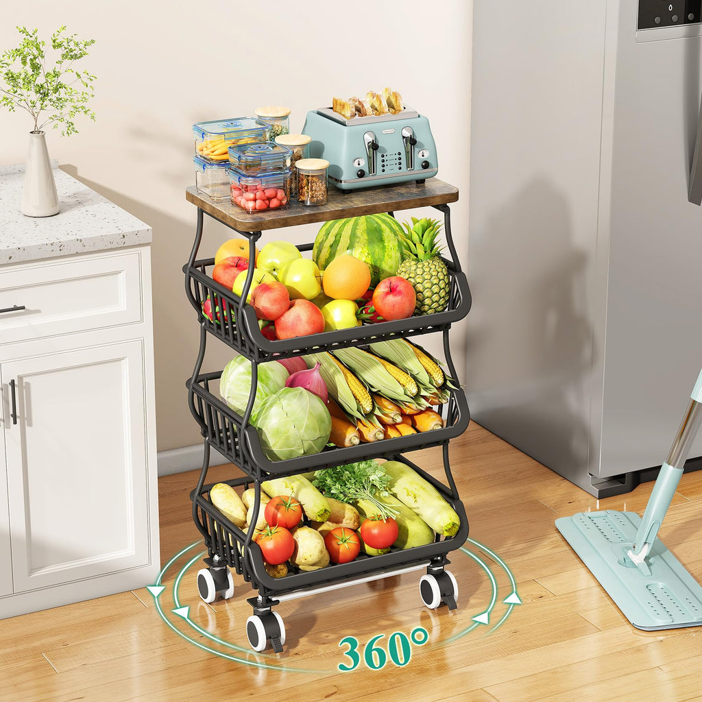 SAYZH Fruit & Vegetable Storage Basket Stand with Wood Top