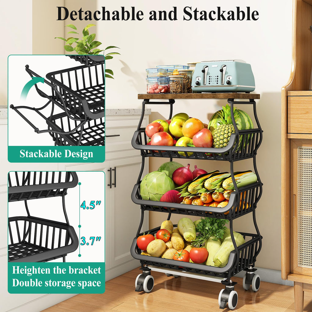 SAYZH Fruit & Vegetable Storage Basket Stand with Wood Top