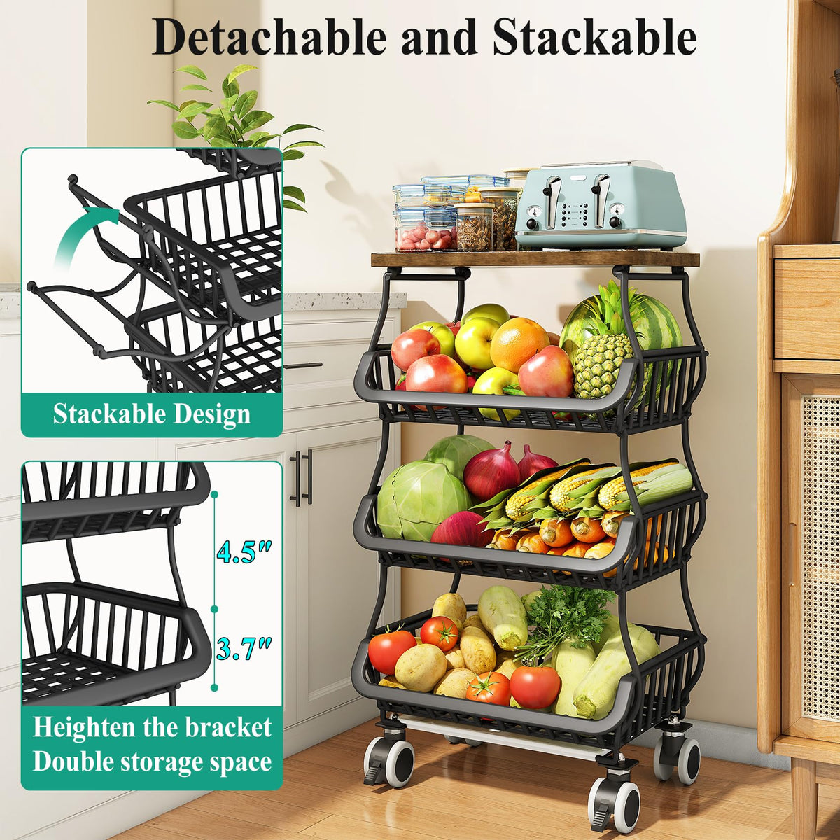 SAYZH Fruit & Vegetable Storage Basket Stand with Wood Top