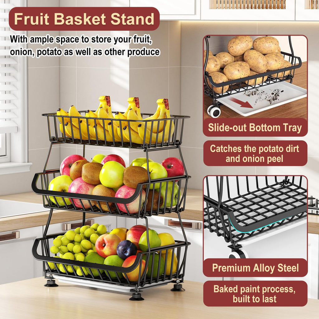 Rolling Wire Pantry Storage Cart with Stackable Baskets