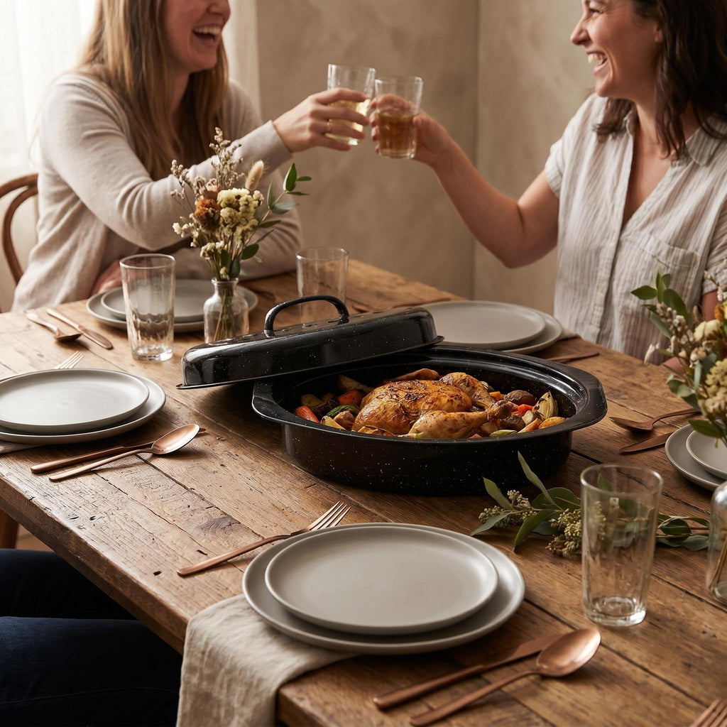 18-Inch Oval Enamel Roasting Pan with Lid & Rack