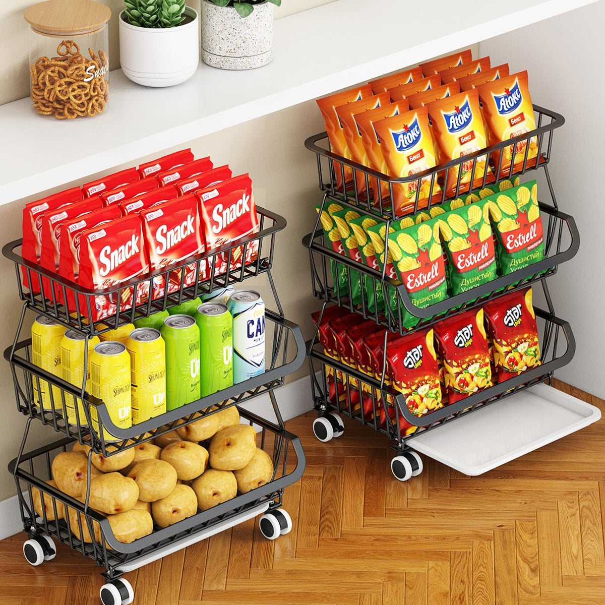Rolling Wire Pantry Storage Cart with Stackable Baskets