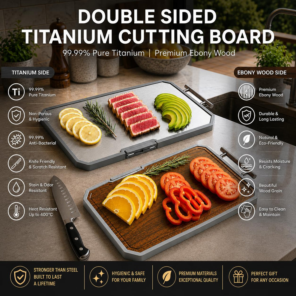 Dual-Sided Titanium & Ebony Wood Cutting Board with Sharpener