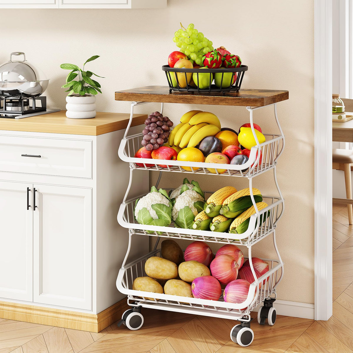 SAYZH Fruit & Vegetable Storage Basket Stand with Wood Top