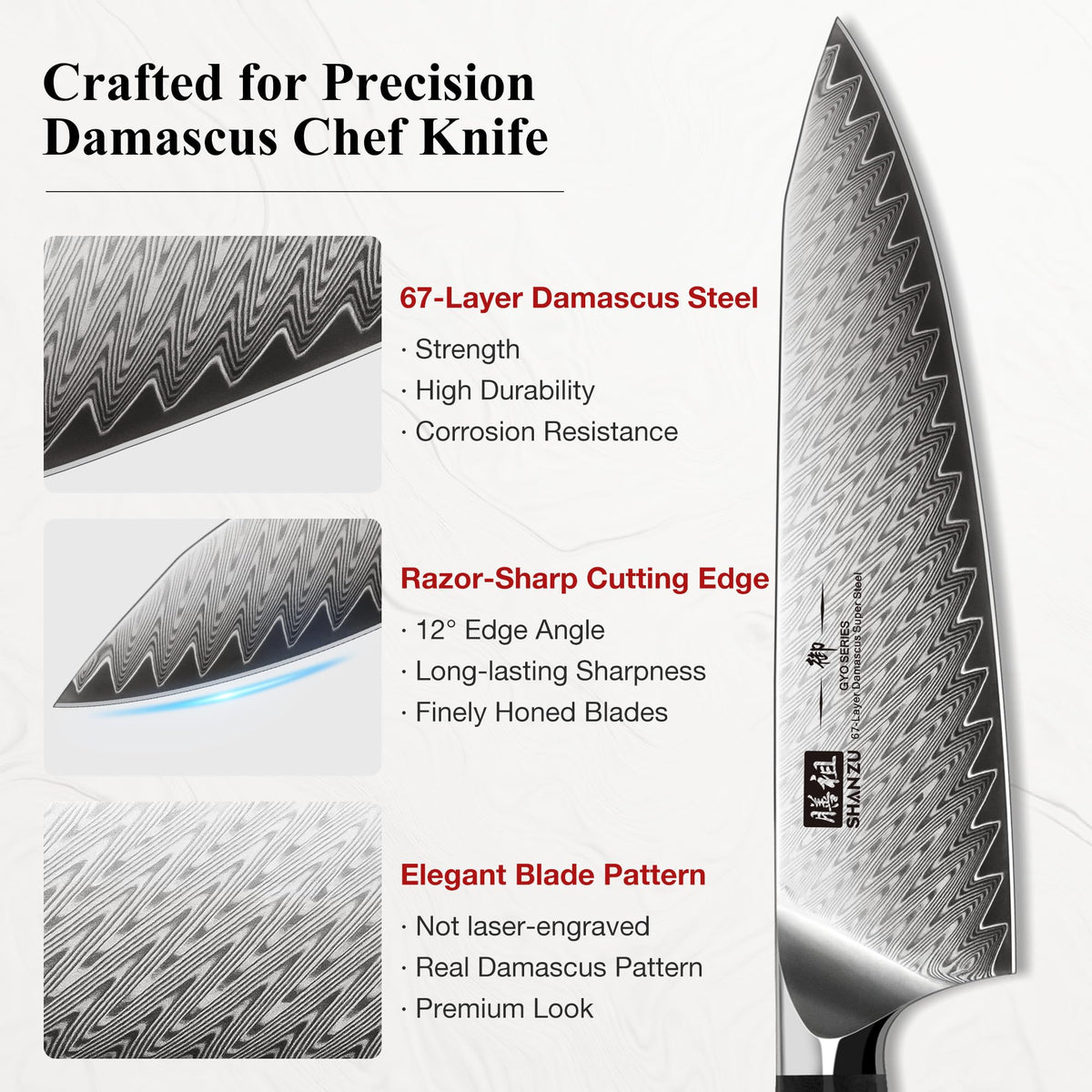 SHAN ZU Damascus Steel Kitchen Knife for Precision Cutting