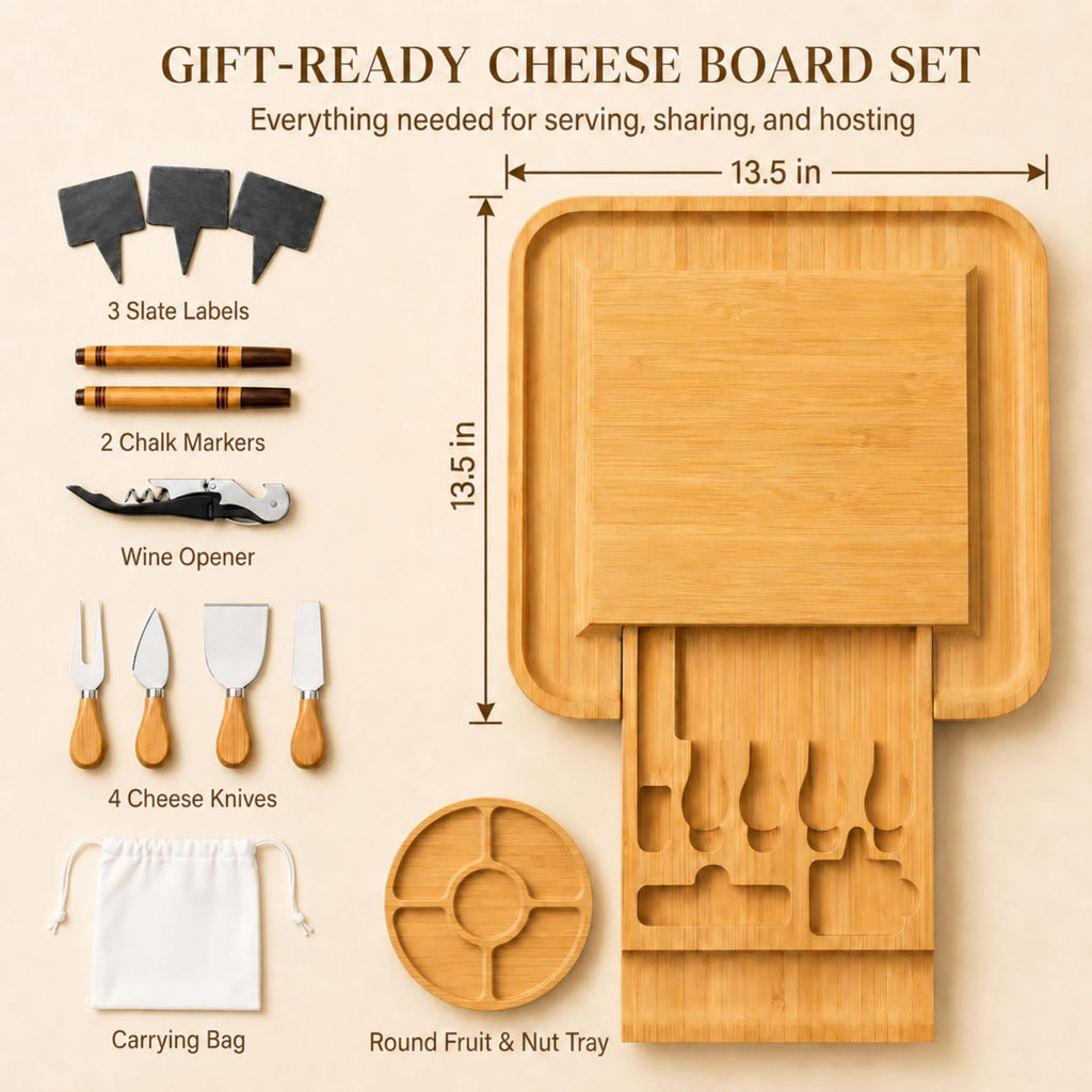 Bamboo Charcuterie Cheese Board Gift Set with Accessories