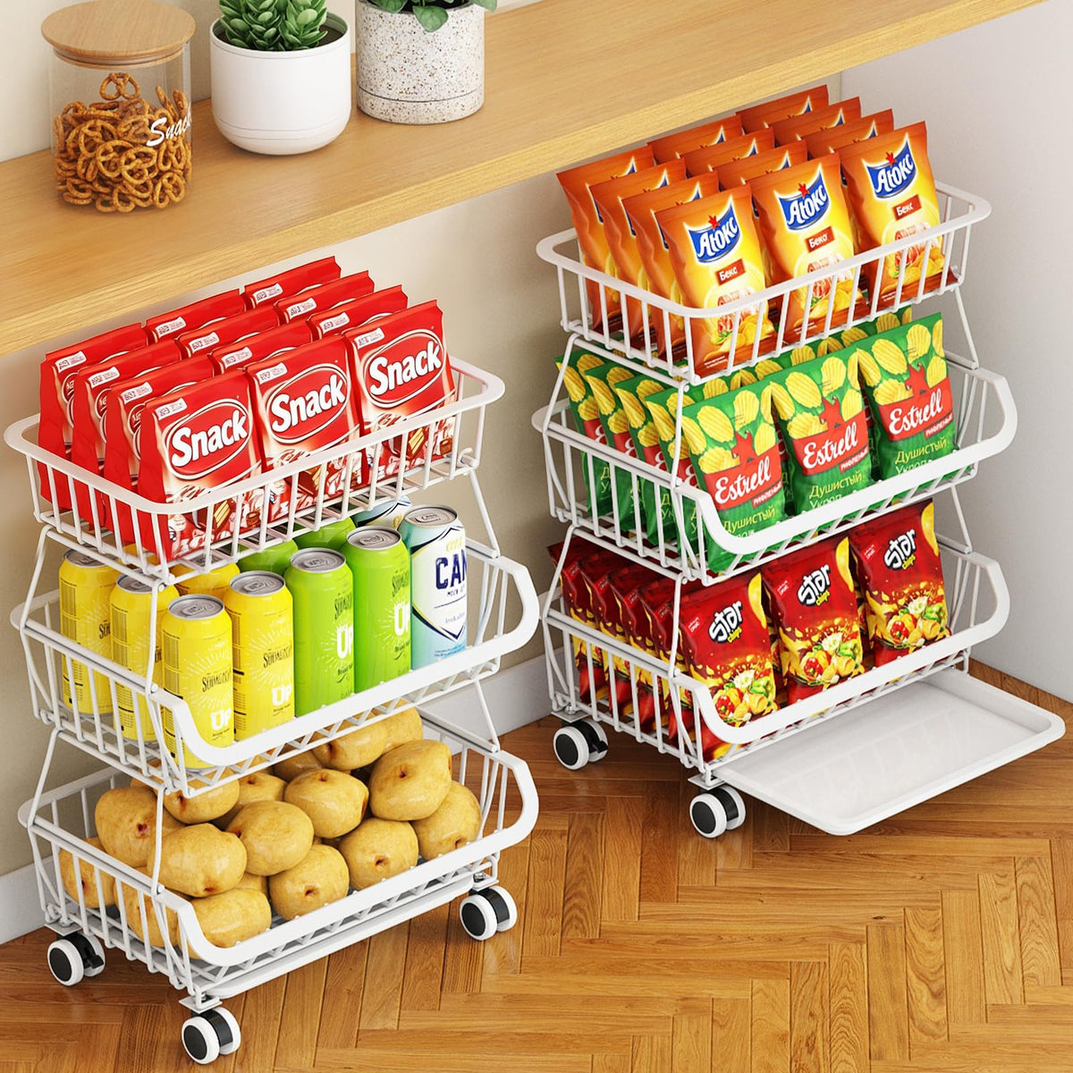 Rolling Wire Pantry Storage Cart with Stackable Baskets