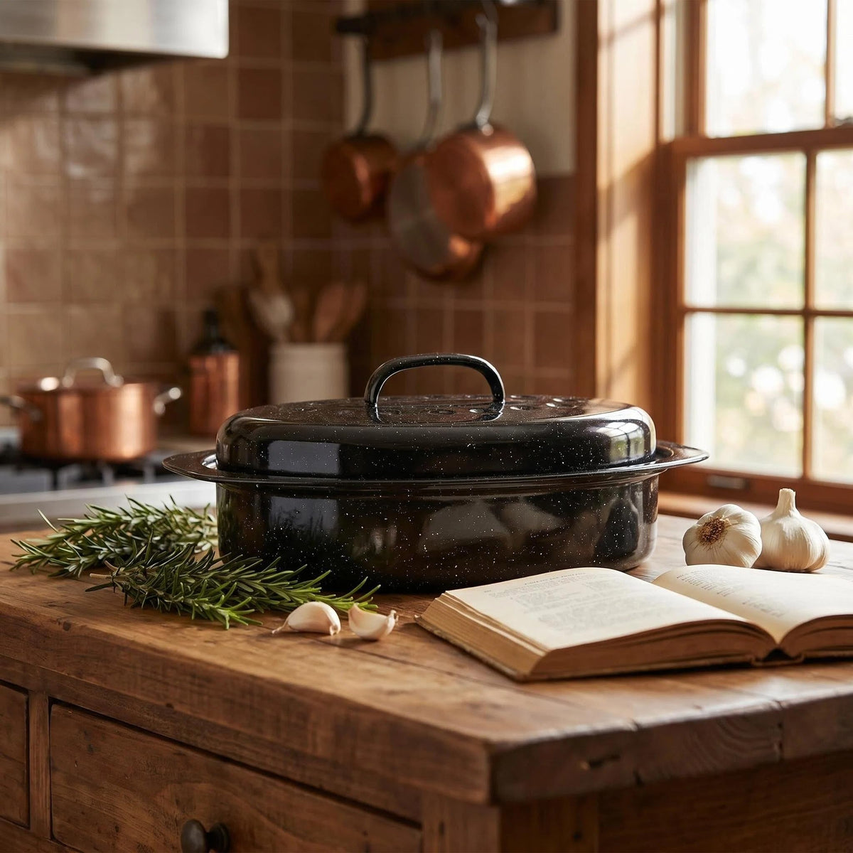 18-Inch Oval Enamel Roasting Pan with Lid & Rack