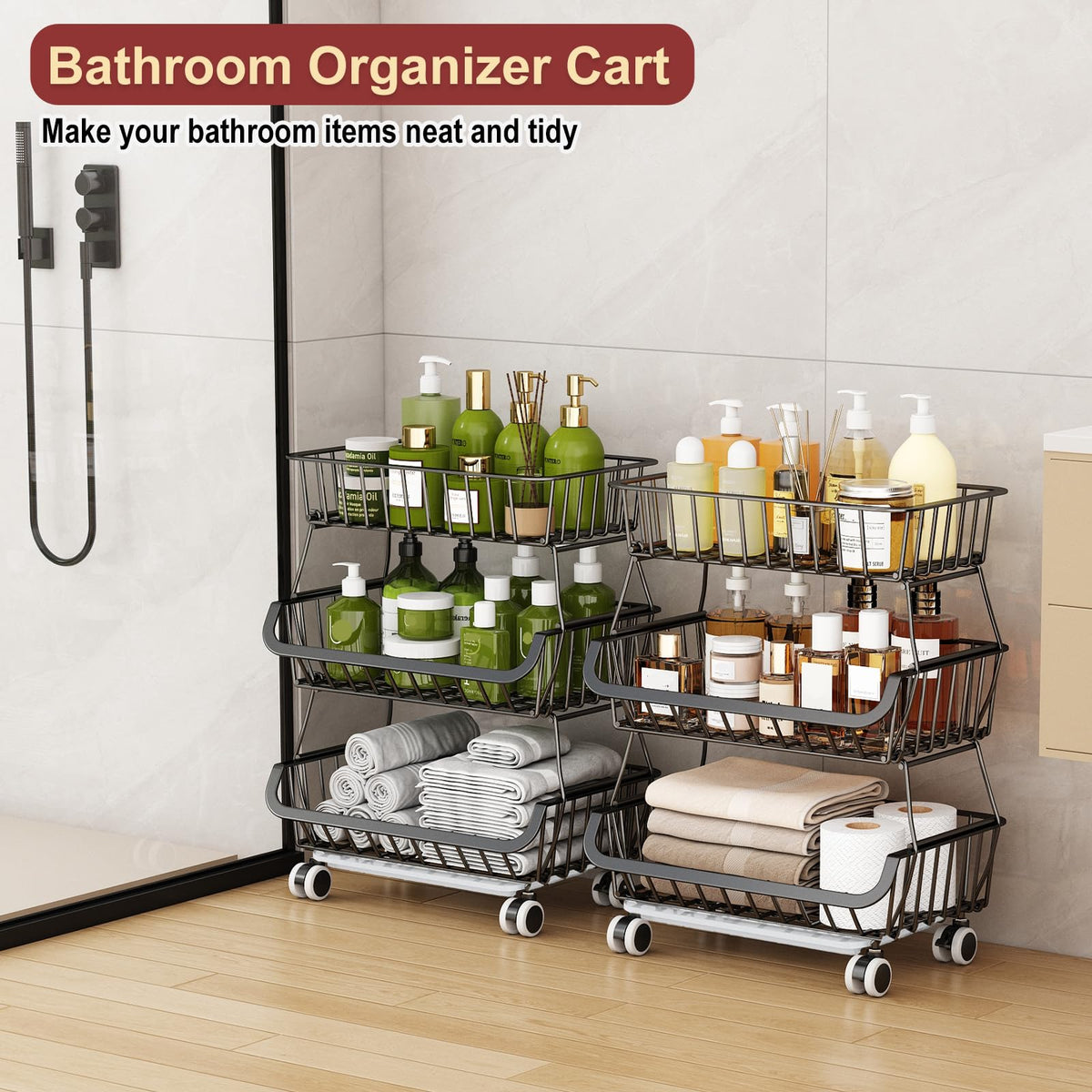 Rolling Wire Pantry Storage Cart with Stackable Baskets