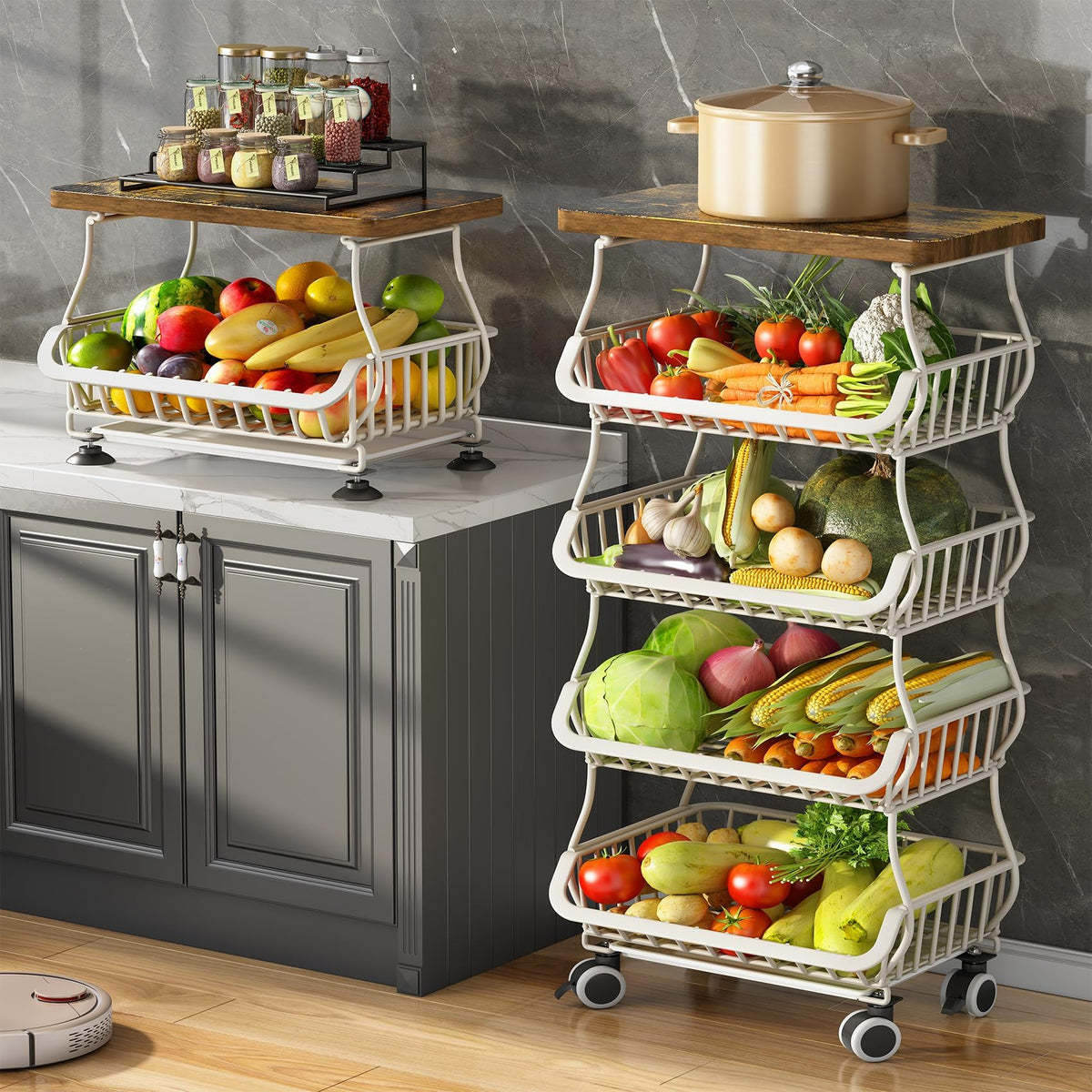 SAYZH Fruit & Vegetable Storage Basket Stand with Wood Top