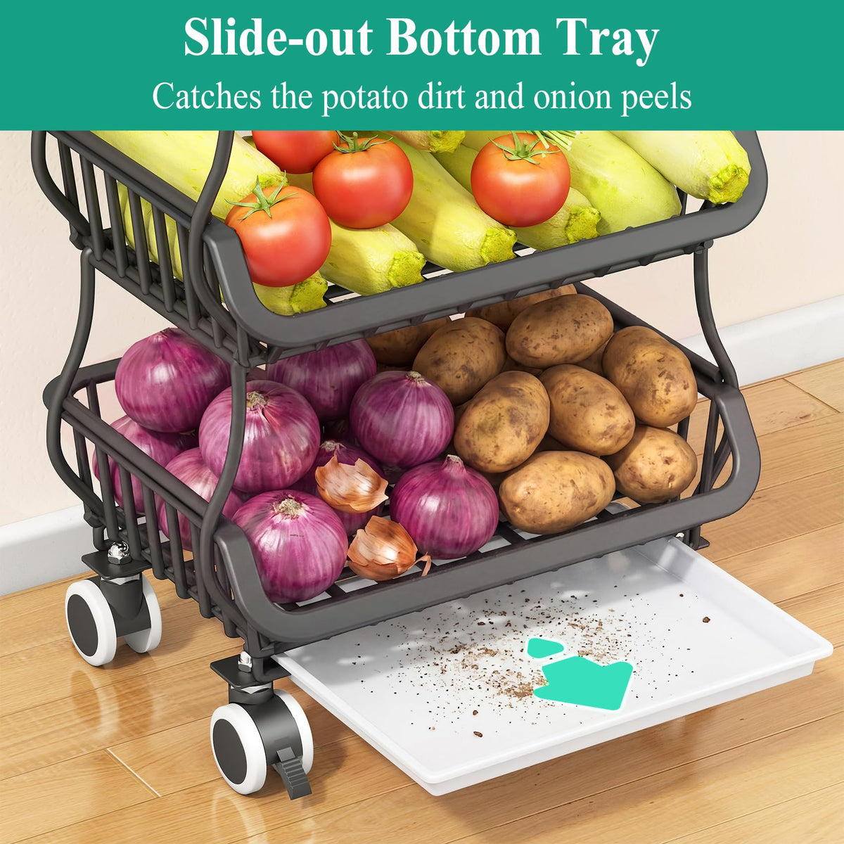 SAYZH Fruit & Vegetable Storage Basket Stand with Wood Top