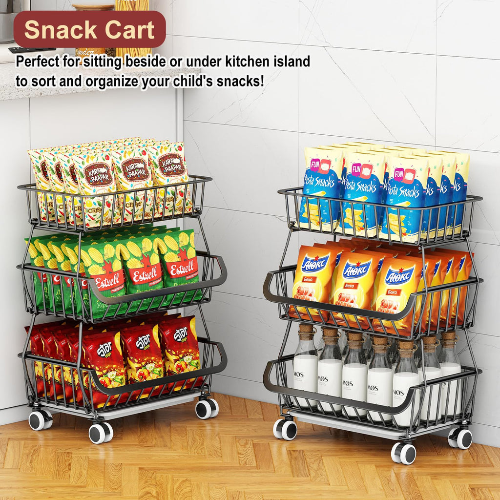 Rolling Wire Pantry Storage Cart with Stackable Baskets