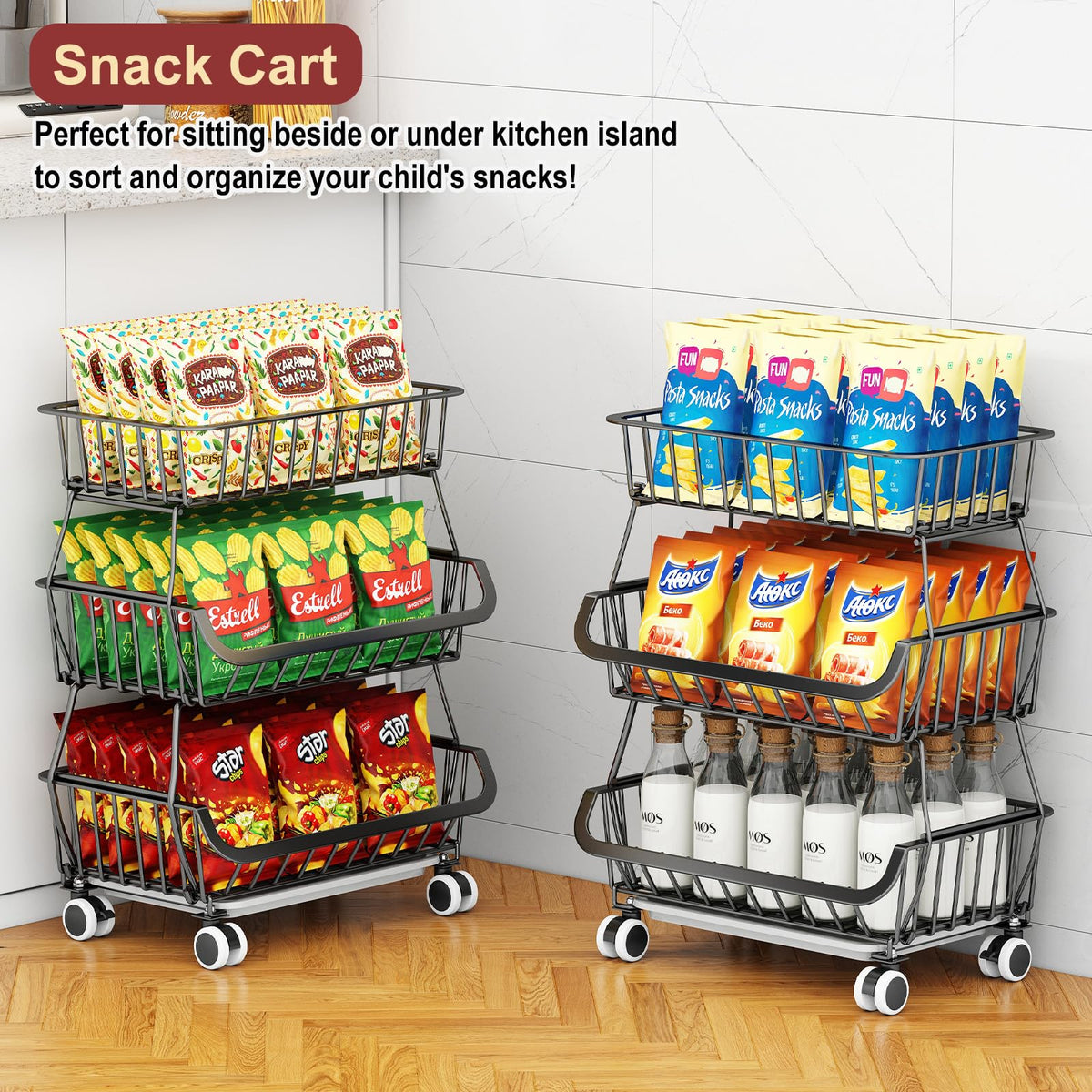Rolling Wire Pantry Storage Cart with Stackable Baskets