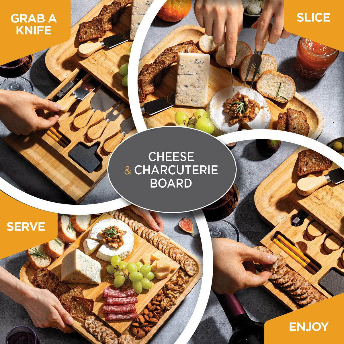 Bamboo Charcuterie Cheese Board Gift Set with Accessories