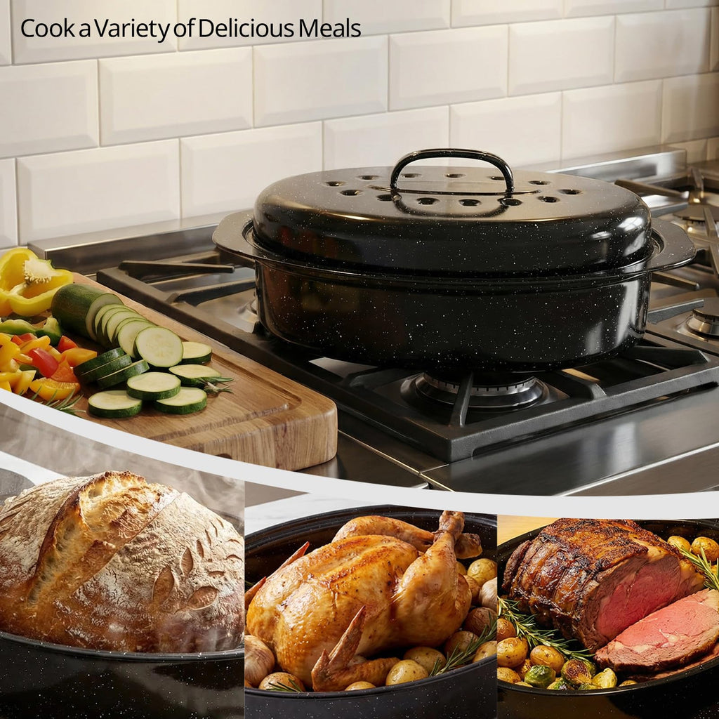 13-Inch Oval Granite Enamel Roasting Pan with Lid