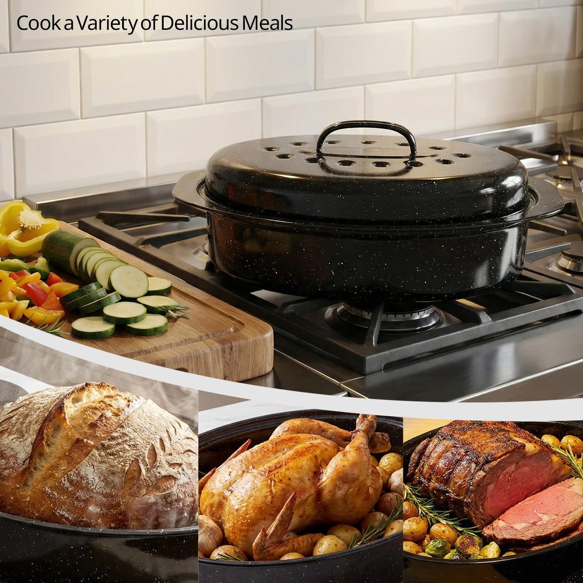 13-Inch Oval Granite Enamel Roasting Pan with Lid