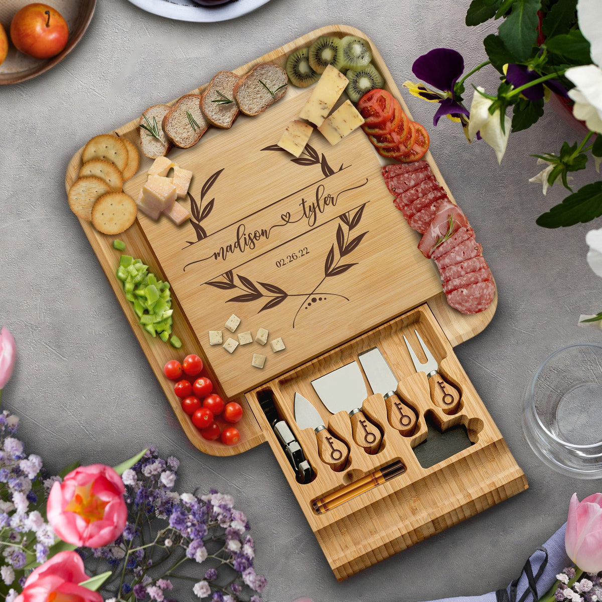 Bamboo Charcuterie Cheese Board Gift Set with Accessories